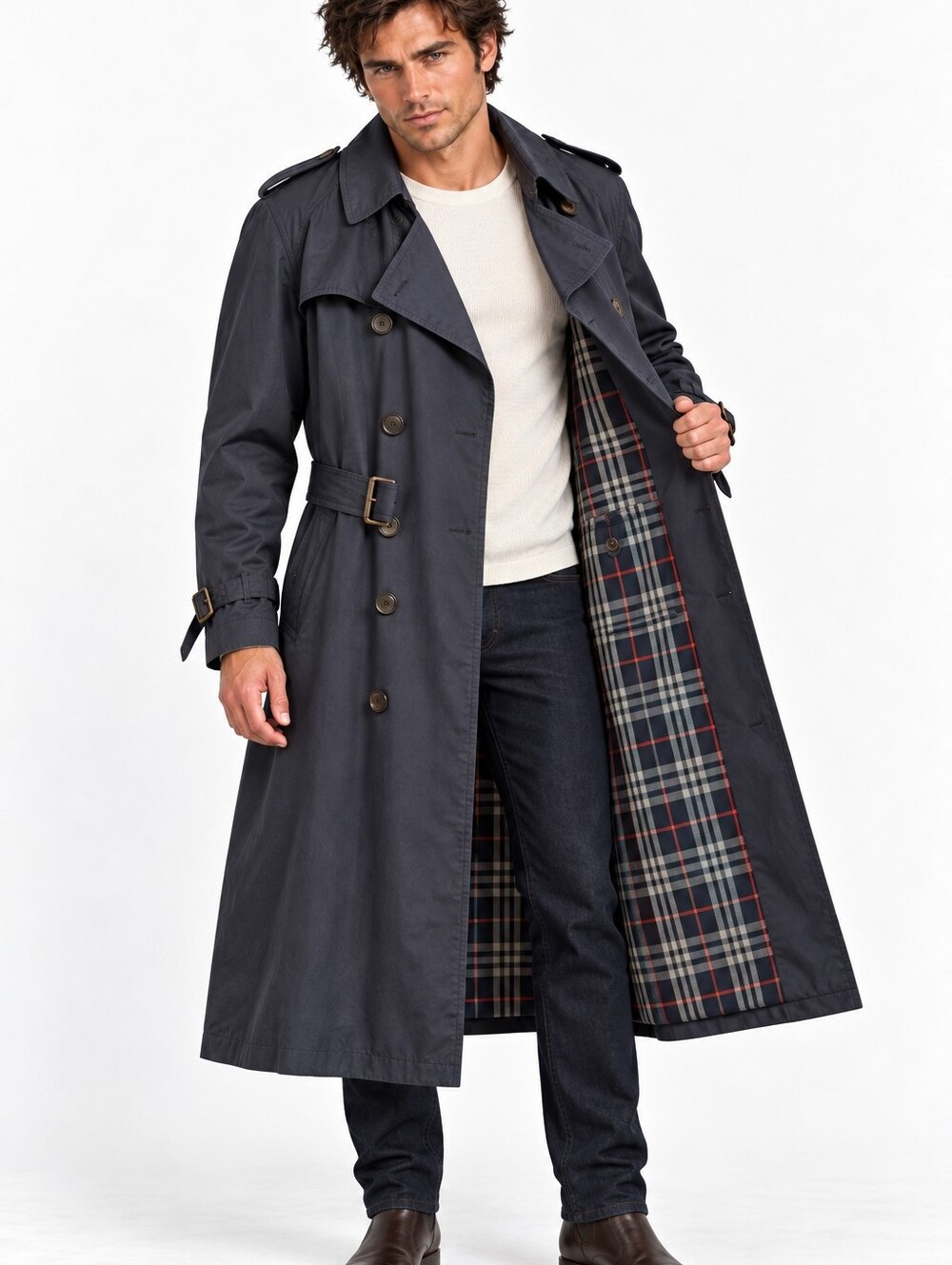 Vintage Burberrys Trench Coat 50R Navy Made in England Check Lined Belted EUC